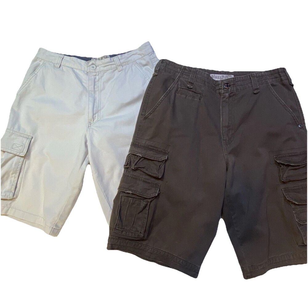 2 Pairs of Vintage‎ Plugg Cargo Shorts Skater Grunge Tan Khaki & Brown Men's 32